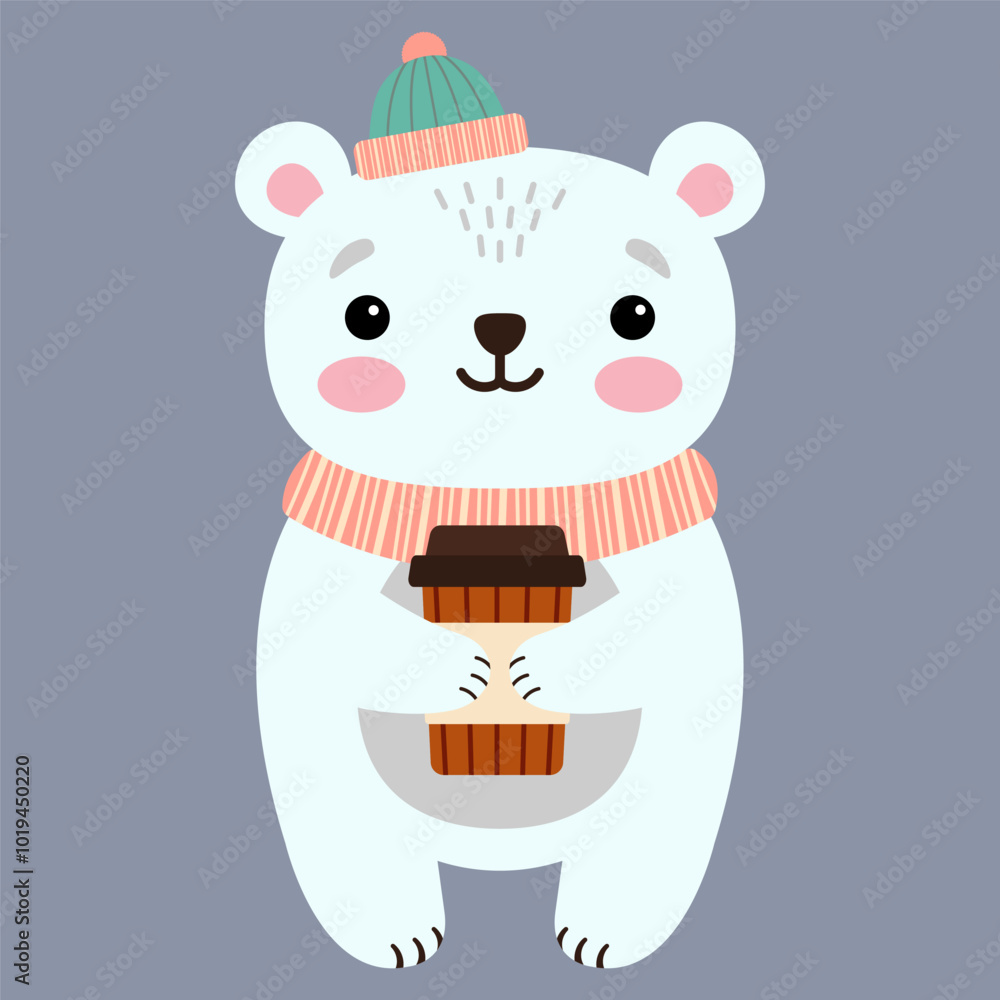 Fototapeta premium Cute polar bear holding a glass of coffee, flat illustration