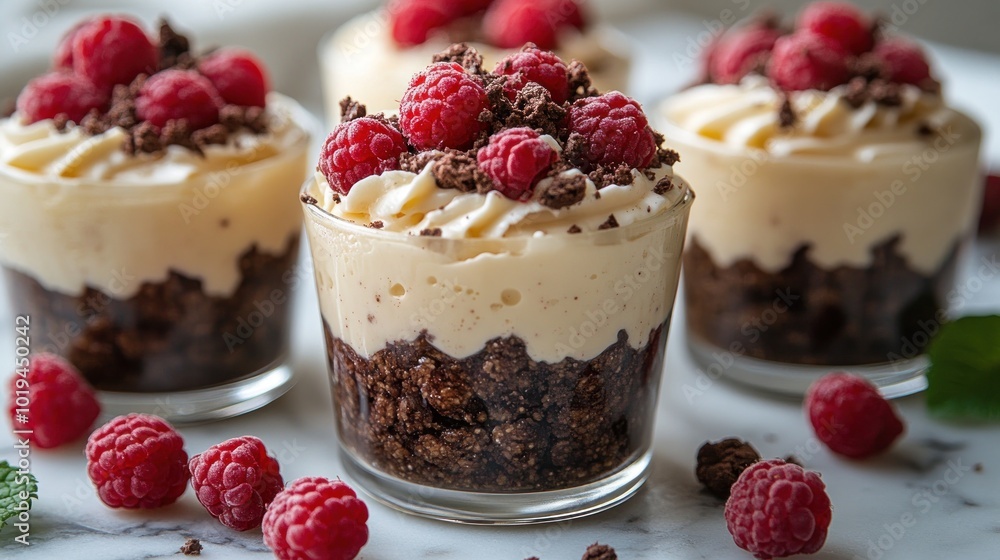 Delicious dessert cups with chocolate, cream, and raspberries. Delicious dessert cups with chocolate, cream, and raspberries.