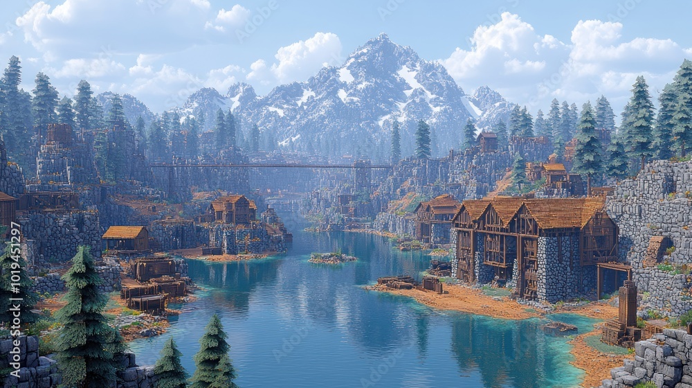 Fototapeta premium Serene mountain village by a river with wooden structures.