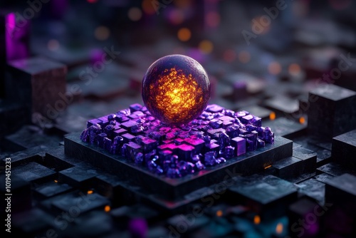 3D-rendered depiction of a glowing orb floating in the center of an abstract digital universe, symbolizing the central principle of monism in vibrant colors photo