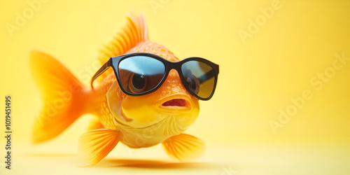 Yellow goldfish with sunglasses on yellow background. Copy space for text.