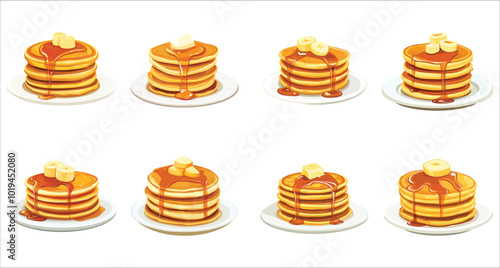 Pancakes with maple syrup vector. Delicious pancakes with syrup vector art. Sweet pancakes with maple syrup vector. Set of colorful pancakes and maple syrup