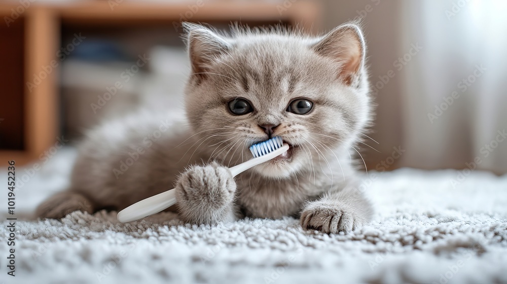 A toothbrush and a British kitty. The cat is giving his teeth a brush. A toothbrush and a British kitty. The cat is giving his teeth a brush.