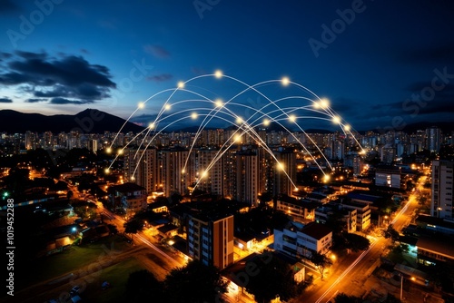 A cityscape at night with all the lights of the buildings connected by lines of energy, symbolizing the interconnectedness of human life in monism