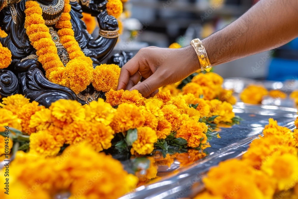 A close-up of a person placing a garland of marigolds around the idol of Lakshmi during Lakshmi Puja, with intricate details of the flowers and ornaments A close-up of a person placing a garland of marigolds around the idol of Lakshmi during Lakshmi Puja, with intricate details of the flowers and ornaments