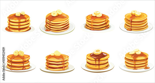 Pancakes with maple syrup vector. Delicious pancakes with syrup vector art. Sweet pancakes with maple syrup vector. Set of colorful pancakes and maple syrup