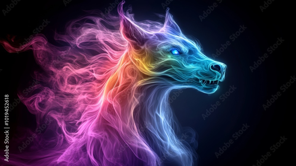 Abstract Colorful Wolf Head with Smoke and Glowing Eyes Digital Art Abstract Colorful Wolf Head with Smoke and Glowing Eyes Digital Art