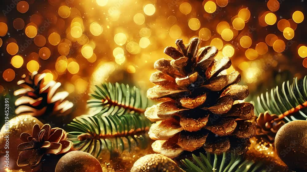 Golden Christmas Pine Cone and Festive Lights - Holiday Season Decor. Trendy New Year background. Golden Christmas Pine Cone and Festive Lights - Holiday Season Decor. Trendy New Year background.