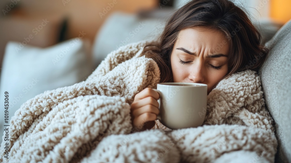 Sick woman sitting quietly on couch, loosely covered with a blanket, hands clutching a cup, feverish state reflected in her tired expression, portraying moment of illness and quiet recovery at home. Sick woman sitting quietly on couch, loosely covered with a blanket, hands clutching a cup, feverish state reflected in her tired expression, portraying moment of illness and quiet recovery at home.