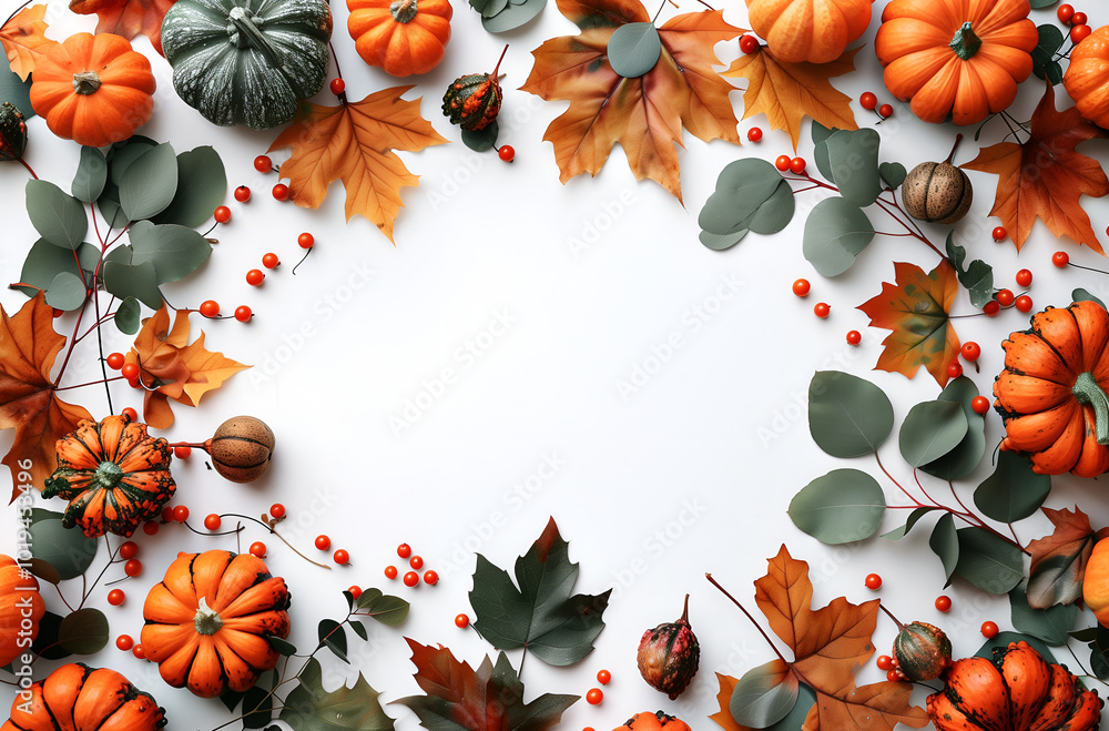 Fototapeta premium background is white, with small pumpkins and red berries scattered on the left side of the frame, surrounded by leaves 