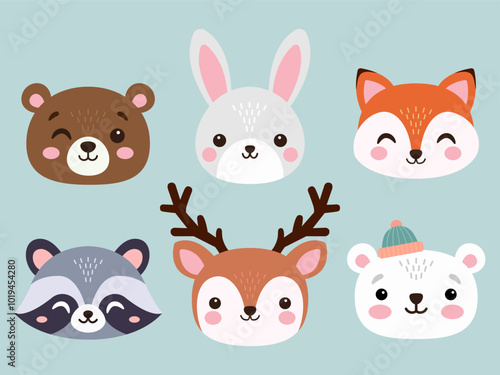 Cute winter forest animals flat illustration