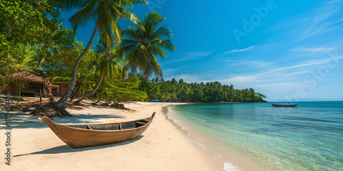 Panoramic view of beautiful tropical beach with palm trees and boat