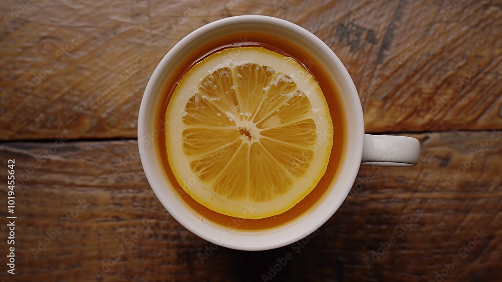Cup of tea with lemon slice on wooden table