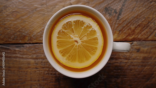 Cup of tea with lemon slice on wooden table