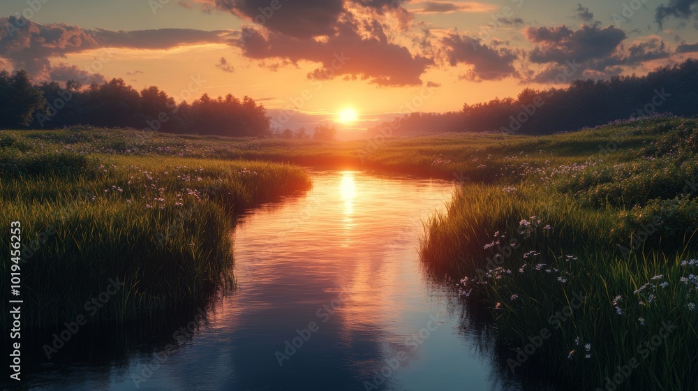Obraz premium Serene Sunset River Landscape Golden Hour Meadow Water Sky Clouds Trees Nature