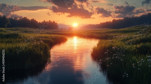 Serene Sunset River Landscape Golden Hour Meadow Water Sky Clouds Trees Nature