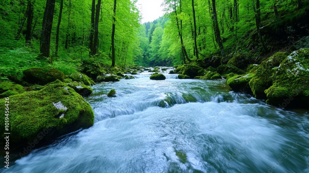 Tranquil Forest Stream Flowing Through Lush Greenery Tranquil Forest Stream Flowing Through Lush Greenery