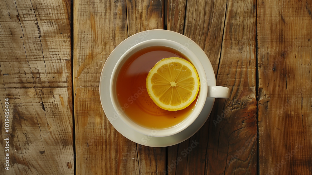 Cup of tea with lemon slice on wooden table Cup of tea with lemon slice on wooden table