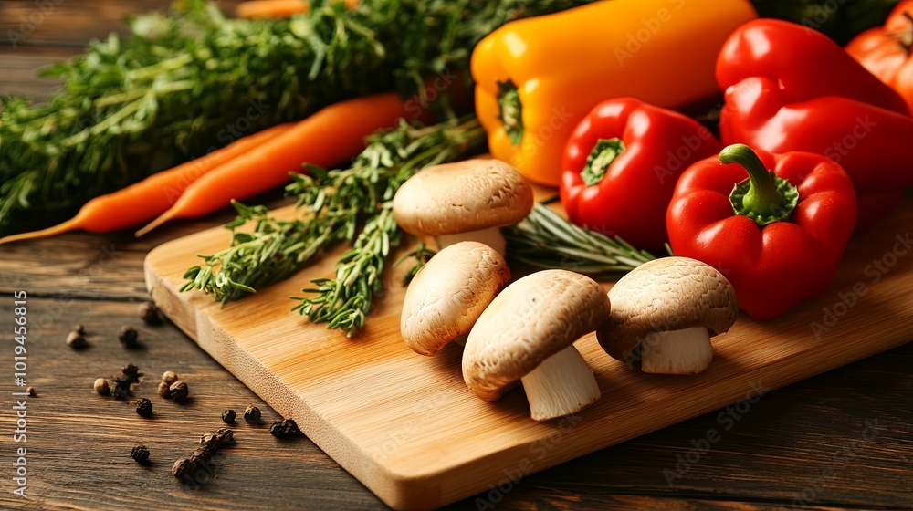 Fresh vegetables and mushrooms on a wooden cutting board Fresh vegetables and mushrooms on a wooden cutting board