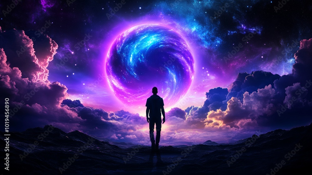 Man Silhouette Facing Cosmic Galaxy Sphere with Purple Clouds Man Silhouette Facing Cosmic Galaxy Sphere with Purple Clouds