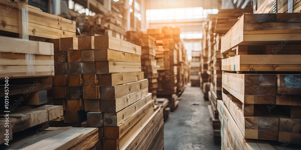 Warehouse or factory for the production of wooden products. Industrial background Warehouse or factory for the production of wooden products. Industrial background