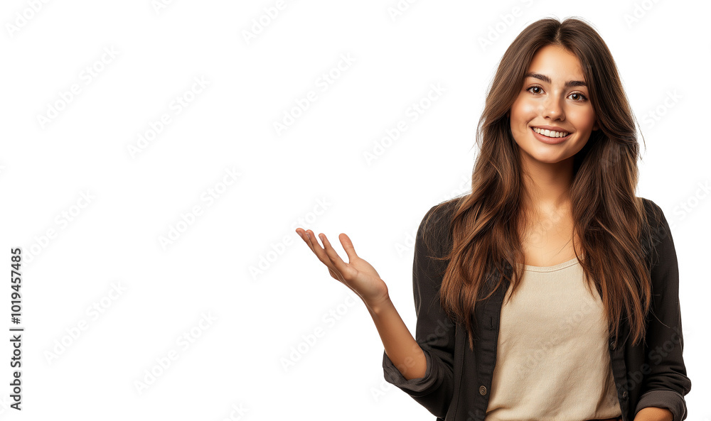 woman holding palm open for new product happy open mouth point finger at arm with woman holding palm open for new product happy open mouth point finger at arm with