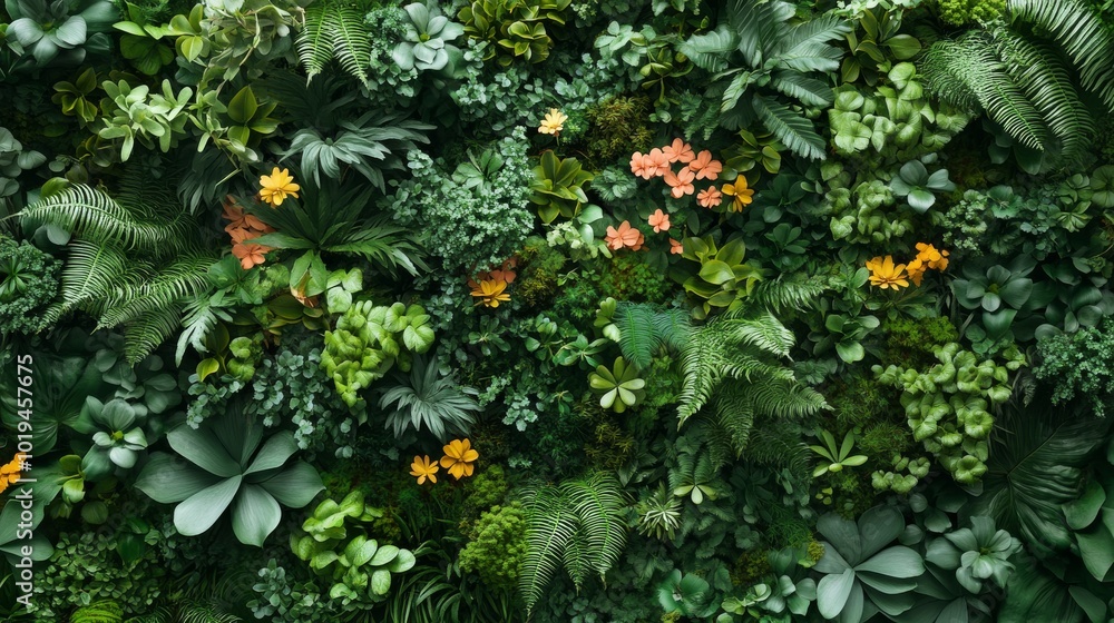 Lush Green Wall with Orange and Yellow Flowers