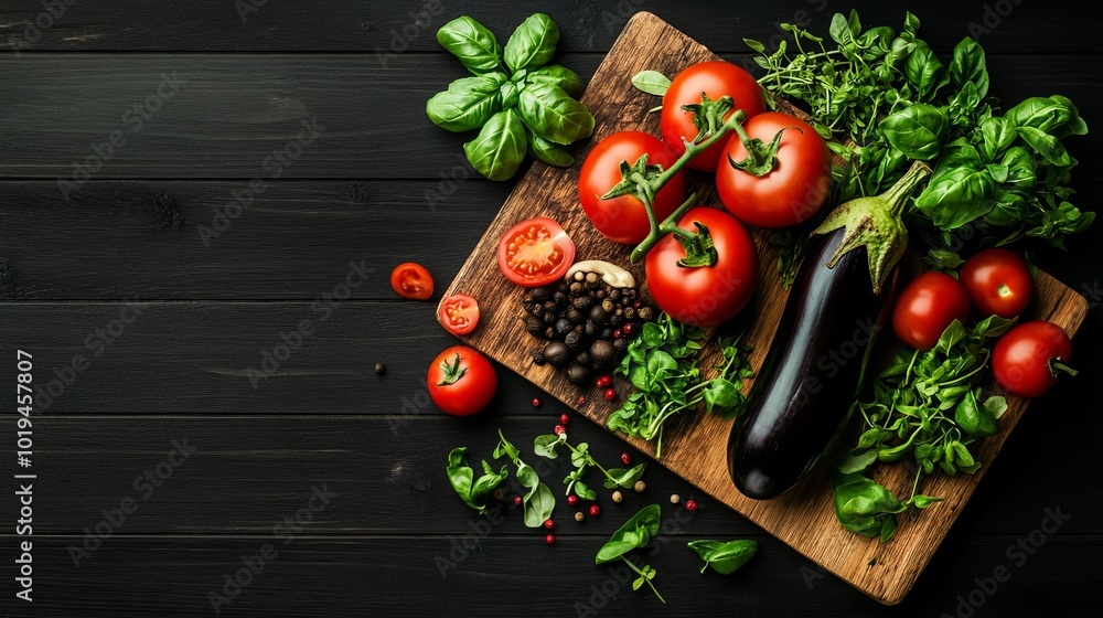 Fresh vegetables and herbs arranged on a wooden cutting board Fresh vegetables and herbs arranged on a wooden cutting board