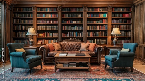 Leather Sofa and Chairs in a Library with Bookshelves