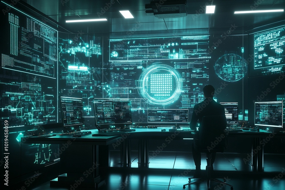 A futuristic control room filled with glowing digital screens A futuristic control room filled with glowing digital screens