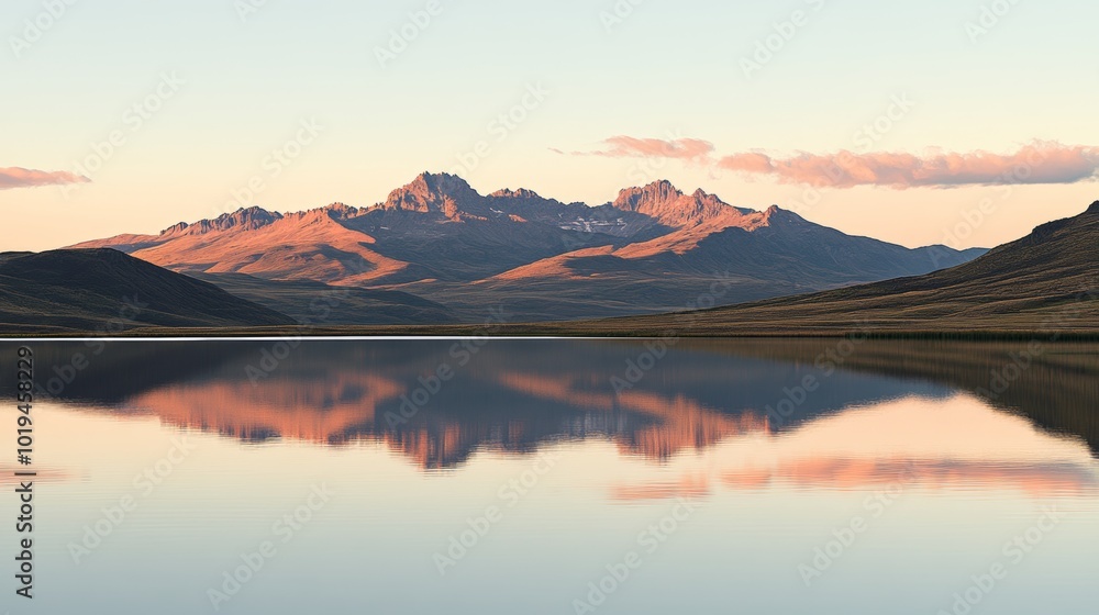 Obraz premium Mountain Range Reflection in Calm Lake at Sunset
