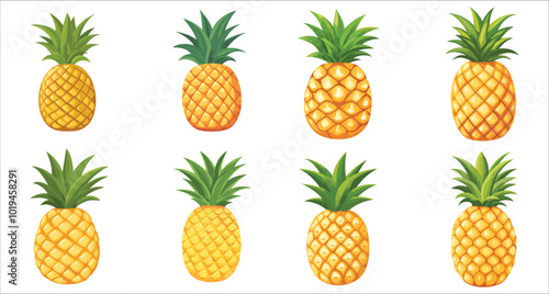 Set of fresh pineapple fruit icons, Set of fresh pineapple summer fruits, Ripe pineapple, Realistic pineapple vector illustration photo