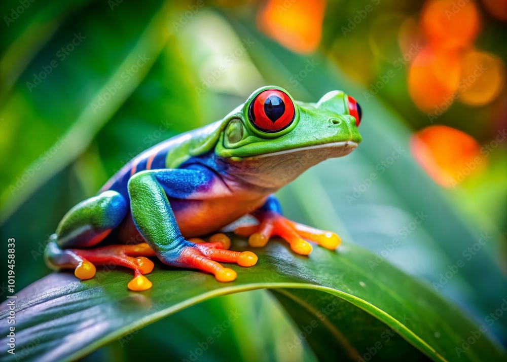 Naklejka premium Unusual and Colorful Frog Sitting on a Leaf in a Lush Tropical Environment of Nature's Wonderland