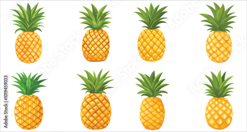 Set of fresh pineapple fruit icons, Set of fresh pineapple summer fruits, Ripe pineapple, Realistic pineapple vector illustration