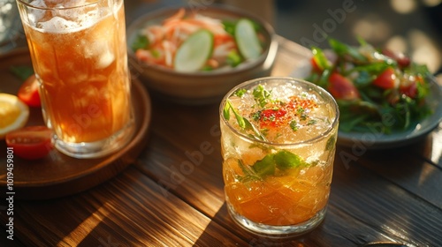 Refreshing Iced Drink with Mint and Ice Cubes on Wooden Table