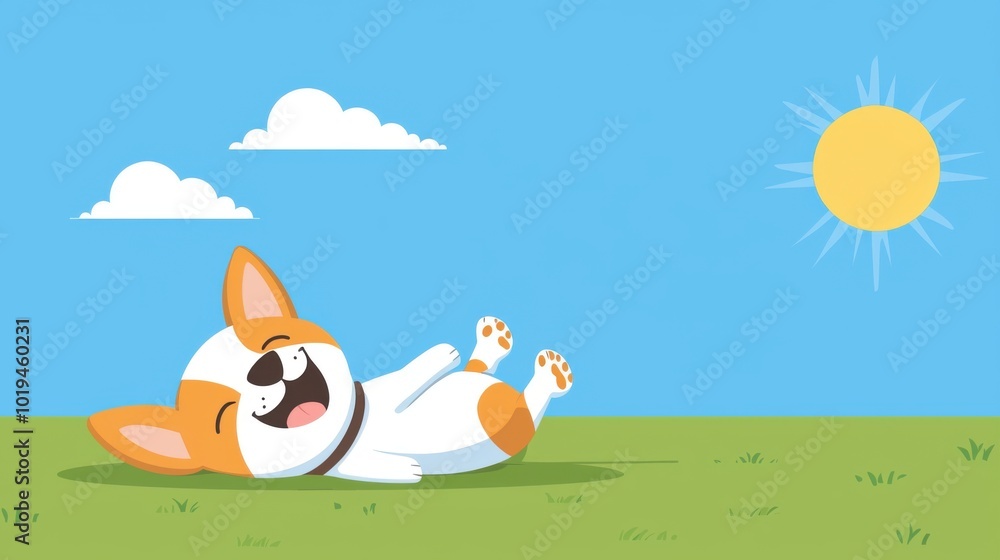 2D flat cartoon of a dog rolling on its back on the grass with a playful expression 2D flat cartoon of a dog rolling on its back on the grass with a playful expression