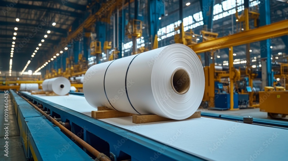 Large Roll of Paper on Conveyor Belt in Industrial Factory Large Roll of Paper on Conveyor Belt in Industrial Factory