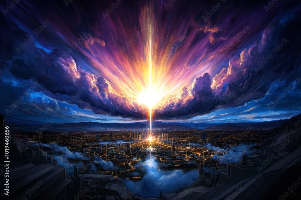 Obraz premium Futuristic depiction of a utopian society where all technology and people are unified by a single energy source, representing monismâ€™s central theme of oneness