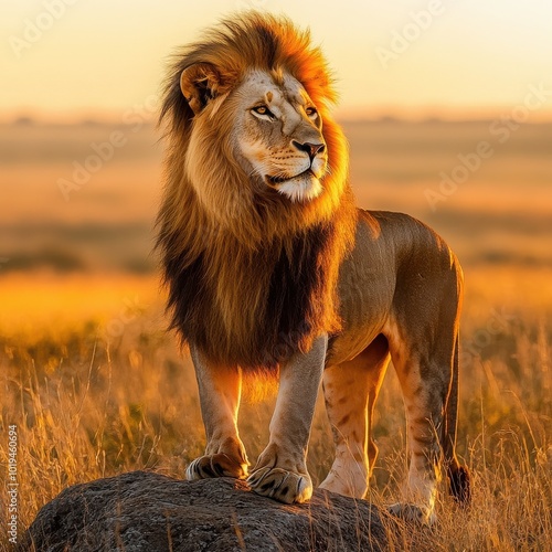 Majestic Lion at Golden Hour: A regal lion stands on a rock, bathed in the warm glow of the setting sun, his mane flowing in the breeze, symbolizing strength, courage, and leadership.