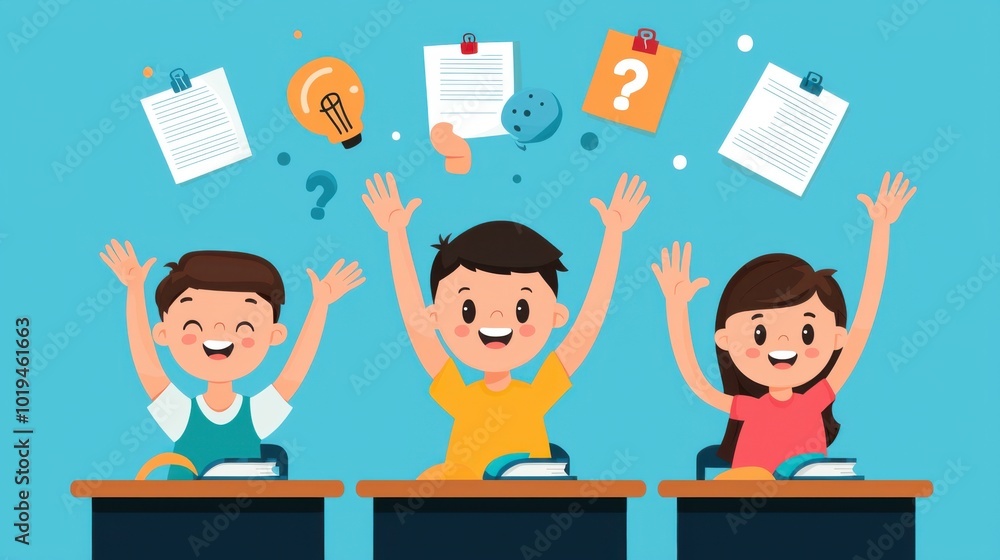 Students in a 2D flat cartoon style raising their hands to ask questions while studying in a modern classroom Students in a 2D flat cartoon style raising their hands to ask questions while studying in a modern classroom