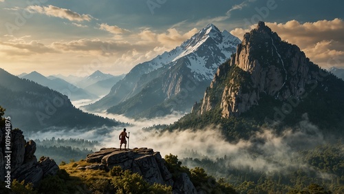 Show Heracles climbing a sheer mountain cliff, set against magnificent mountain scenery and rolling mist, symbolizing determination and the spirit of adventure.