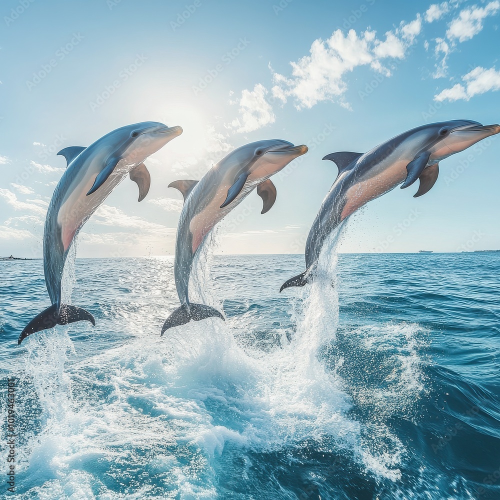 Dolphins Leap: A trio of graceful dolphins soar through the air, their sleek bodies illuminated by the sun's warm rays. A breathtaking display of nature's agility and beauty. Dolphins Leap: A trio of graceful dolphins soar through the air, their sleek bodies illuminated by the sun's warm rays. A breathtaking display of nature's agility and beauty.