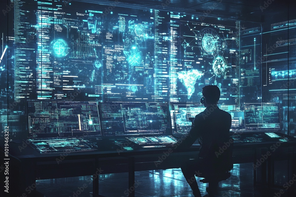 A futuristic control room filled with glowing digital screens A futuristic control room filled with glowing digital screens
