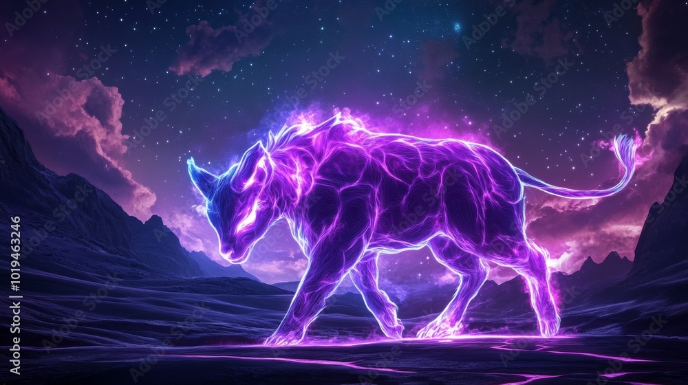 Mystical Purple Fire Beast in Night Sky Landscape Mystical Purple Fire Beast in Night Sky Landscape