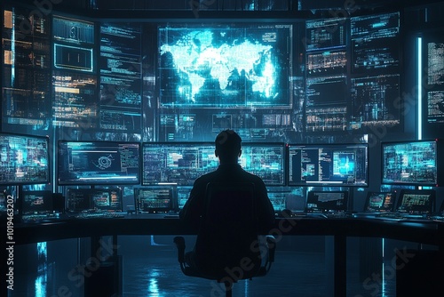 A futuristic control room filled with glowing digital screens