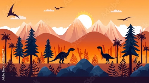 Jurassic landscape with palm trees and rocky hills, depicted in flat modern vector style, with no dinosaurs