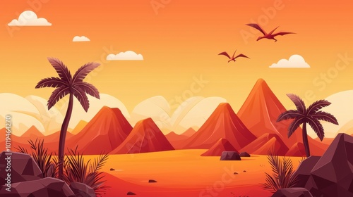 Fototapeta Naklejka Na Ścianę i Meble -  Jurassic landscape with palm trees and rocky hills, depicted in flat modern vector style, with no dinosaurs