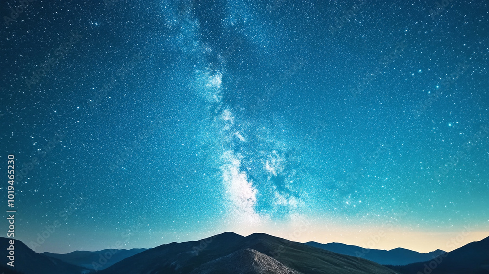 A breathtaking view of deep blue night sky filled with countless twinkling stars, showcasing Milky Way arching over majestic mountains. serene atmosphere evokes sense of wonder and tranquility A breathtaking view of deep blue night sky filled with countless twinkling stars, showcasing Milky Way arching over majestic mountains. serene atmosphere evokes sense of wonder and tranquility