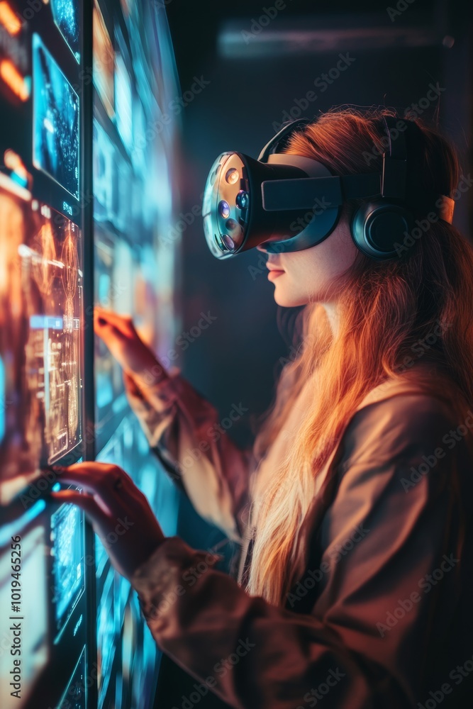 Woman immersed in virtual reality using a high tech control panel for an interactive experience Woman immersed in virtual reality using a high tech control panel for an interactive experience