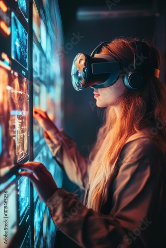 Woman immersed in virtual reality using a high tech control panel for an interactive experience